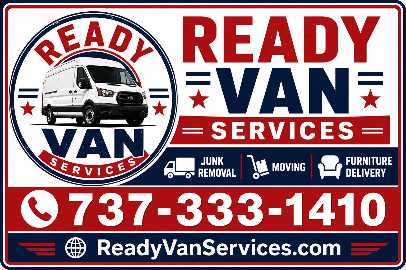 Ready Van Services business card — junk removal, moving, furniture delivery, 737-333-1410