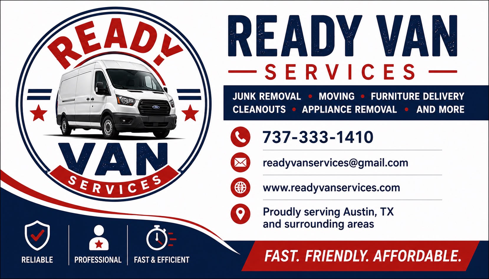 Ready Van Services business card — contact info, services offered, and Austin service area