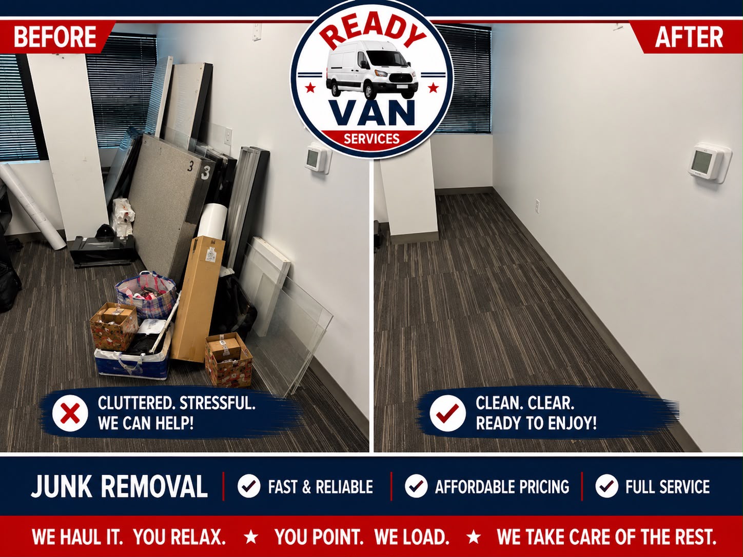 Before and after junk removal — office room cleared