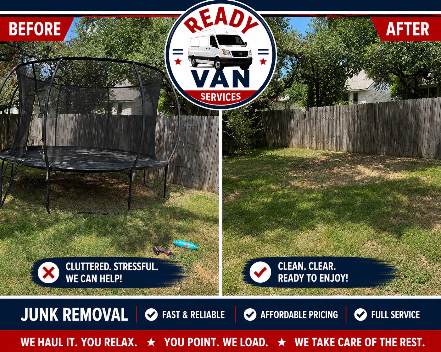 Before and after — trampoline removed from backyard