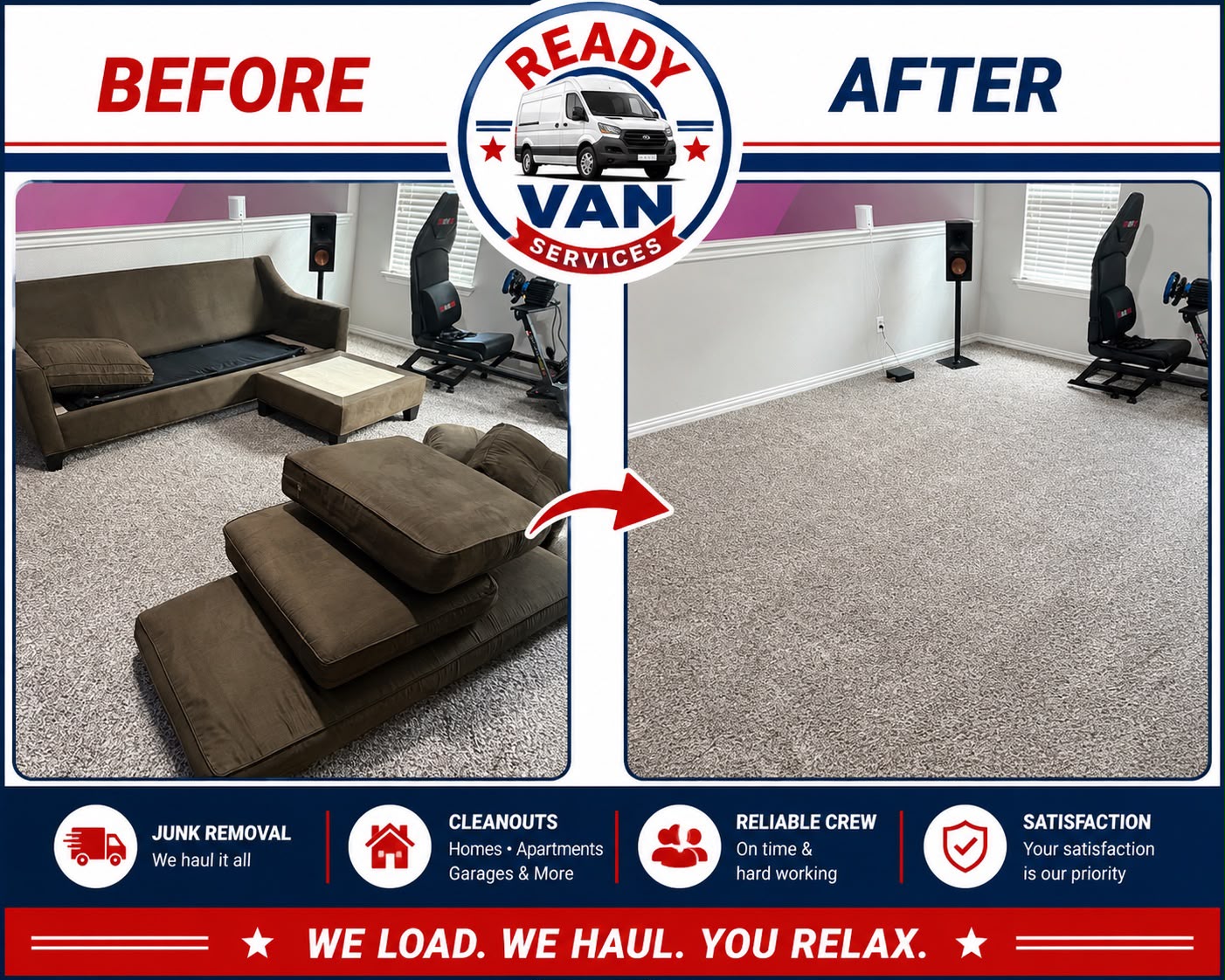 Before and after — living room furniture removal