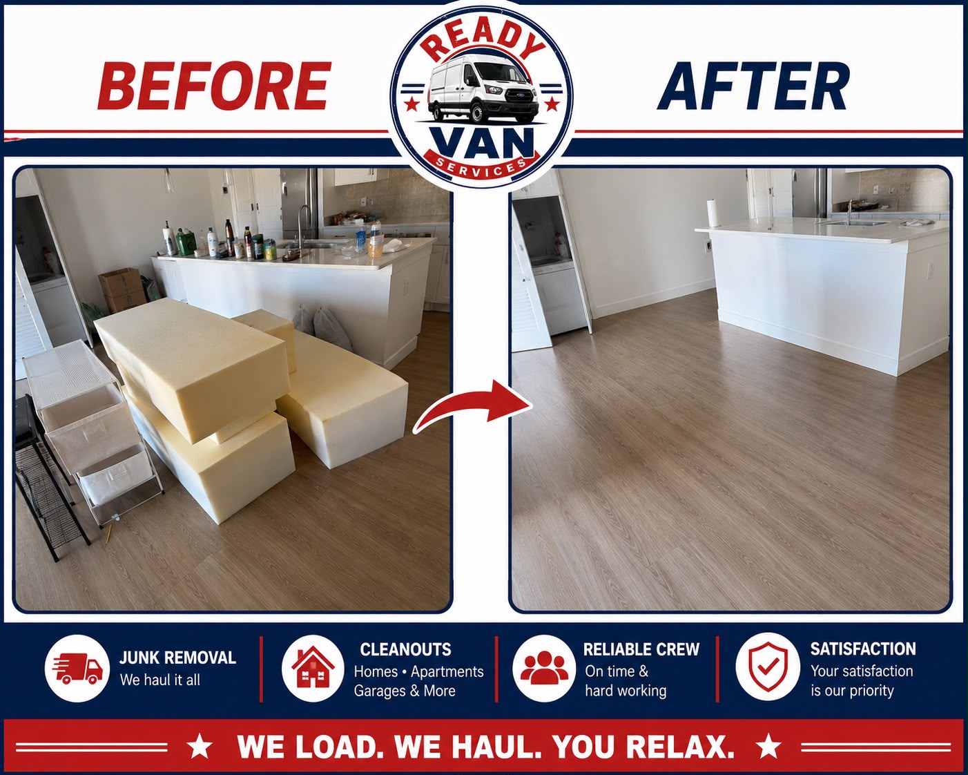 Before and after — kitchen area cleared